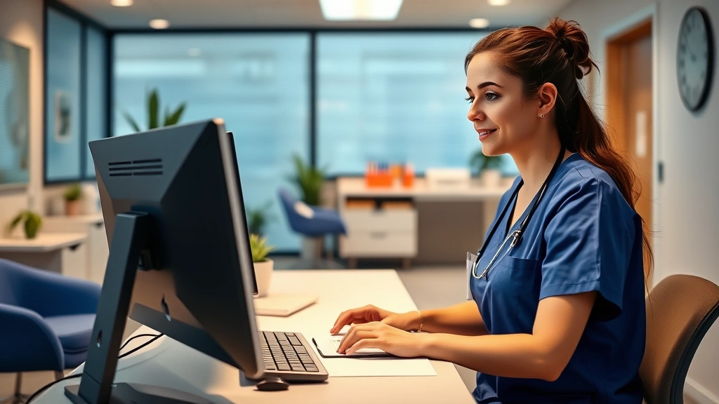 Professional woman in scrubs working at a desk with computer in modern mental health clinic, warm lighting, compassionate expression, organized healthcare environment