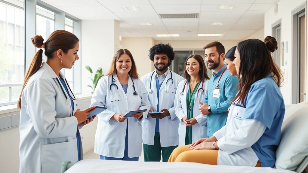 Diverse team of healthcare professionals in psychiatric hospital setting collaborating during patient care rounds, modern facility, supportive teamwork atmosphere