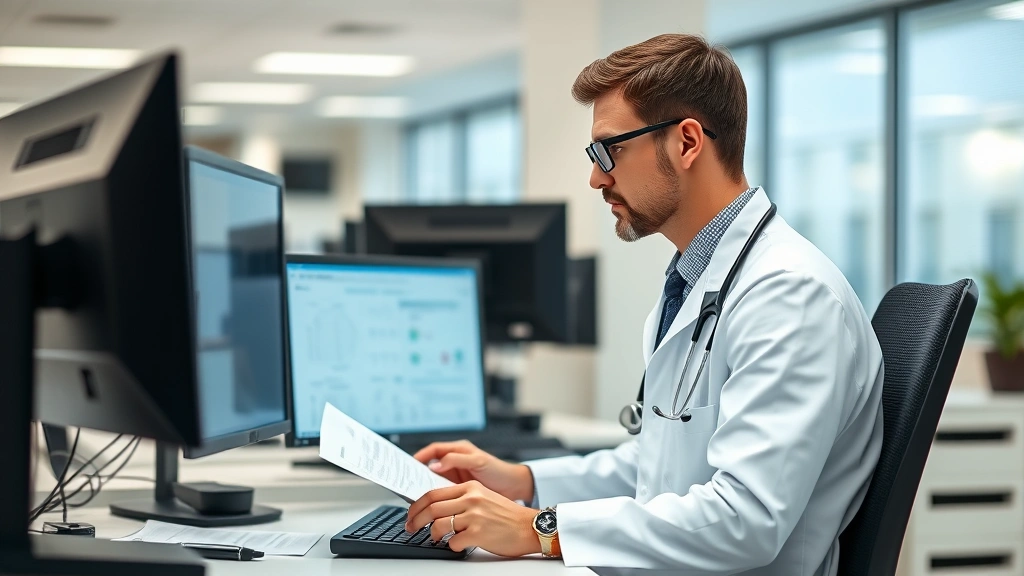 Mental health technician reviewing patient charts and documentation at workstation with multiple monitors, focused professional environment, contemporary healthcare facility