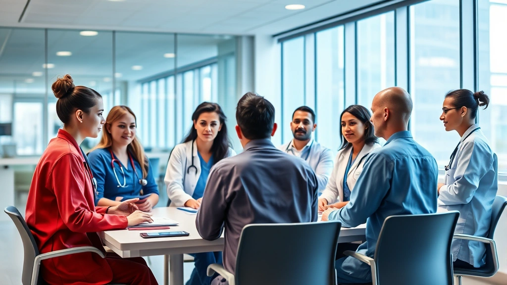 Diverse group of healthcare professionals in modern hospital setting collaborating during team meeting, representing mental health technician advancement and professional growth in clinical environment