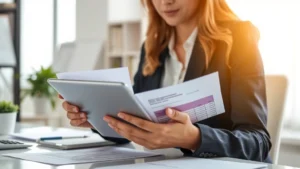 Professional woman in business attire reviewing financial documents and healthcare records on a tablet computer in a bright, modern office setting with soft natural lighting, organized desk with calculator and notepad nearby