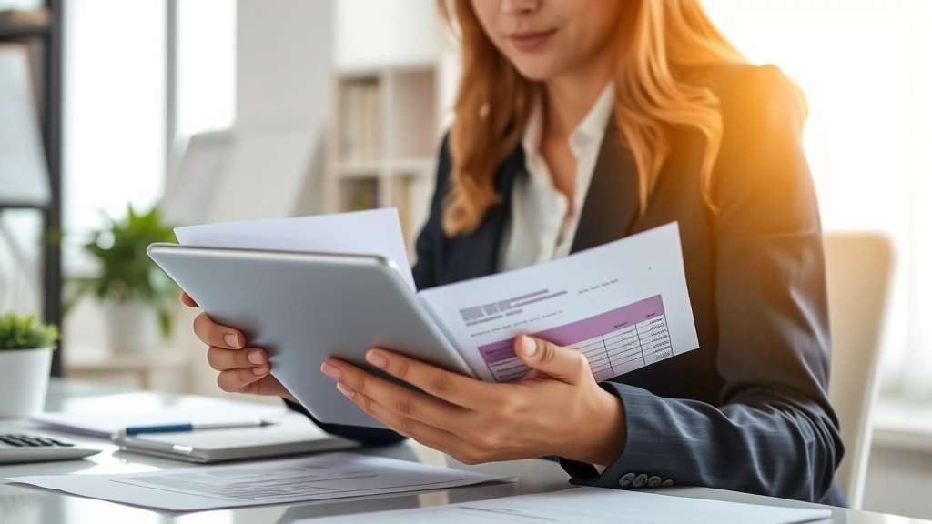 Professional woman in business attire reviewing financial documents and healthcare records on a tablet computer in a bright, modern office setting with soft natural lighting, organized desk with calculator and notepad nearby