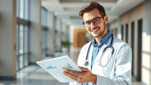 Professional healthcare worker in modern hospital setting reviewing financial documents and investment portfolio charts on tablet, natural lighting, confident expression, contemporary office environment