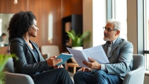 Professional financial advisor meeting with diverse client in modern office, reviewing investment portfolio and discussing wealth strategy, warm natural lighting, confident body language