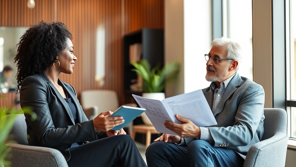Professional financial advisor meeting with diverse client in modern office, reviewing investment portfolio and discussing wealth strategy, warm natural lighting, confident body language