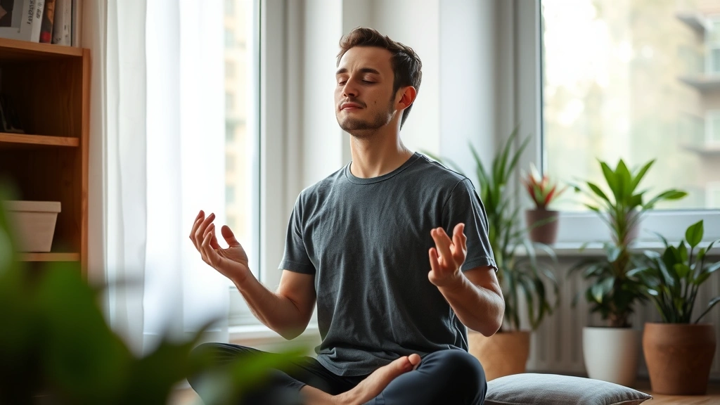Person meditating peacefully in home environment near window with plants, representing stress reduction and mindful financial decision-making, serene atmosphere, natural daylight