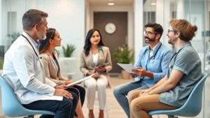 Professional healthcare consultation between diverse patients and medical advisors in a modern clinic office discussing insurance options and coverage details