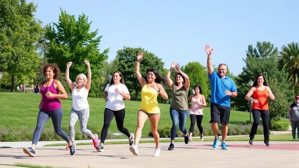 Diverse group of healthy Michigan residents exercising outdoors in parks and wellness centers, representing preventive care and active lifestyle management