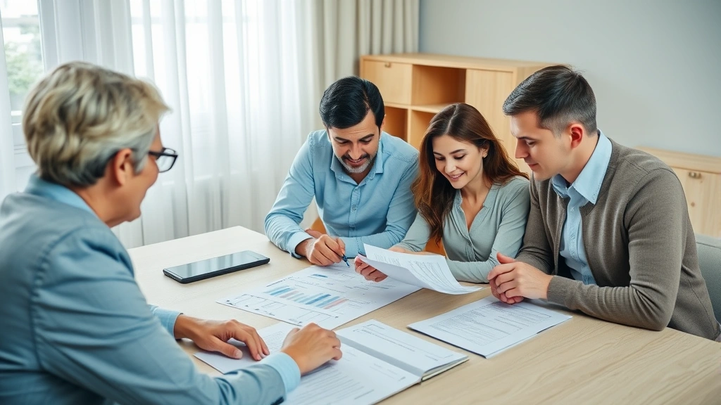 Financial planning session showing family reviewing healthcare costs and insurance documents with advisor at desk, planning for medical expenses