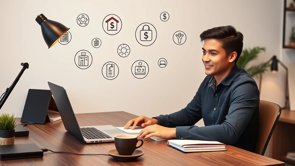 Young entrepreneur working at desk with laptop, notebook, coffee, and multiple income streams represented by icons floating above desk, home office environment, focused expression, modern minimalist design