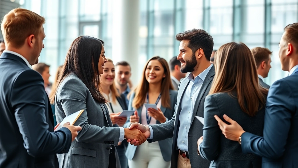 Diverse group of professionals networking at financial conference, shaking hands, exchanging business cards, modern office building background, daylight, collaborative wealth-building atmosphere