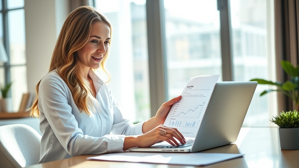 Professional woman reviewing financial documents and investment portfolio on laptop at modern home office desk, sunlight streaming through window, confident expression, graphs and charts visible on screen
