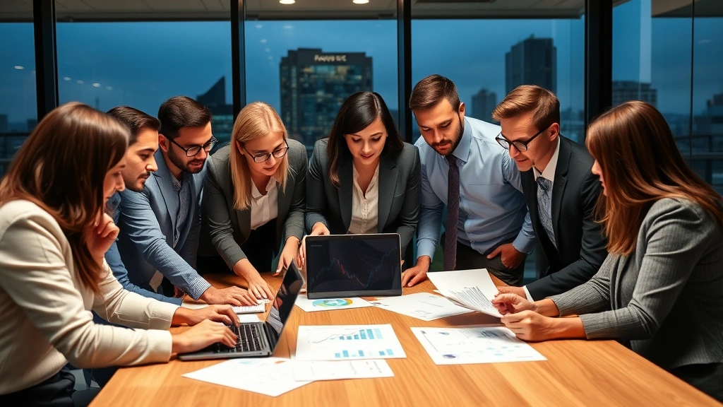 Diverse group of professionals in business casual attire collaborating around conference table with financial reports, laptop displaying growth charts, modern corporate office setting with city skyline visible