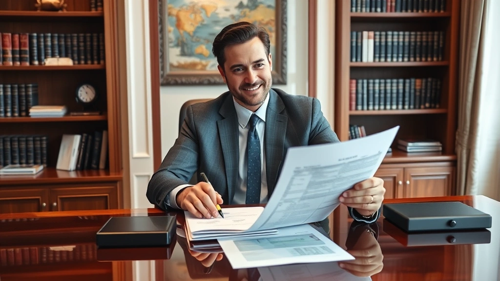 Successful entrepreneur sitting at mahogany desk in upscale office, reviewing property investment documents and real estate portfolio, wealth management books on shelves behind, accomplished expression
