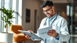 Professional healthcare worker in modern clinic reviewing financial documents and investment portfolio on tablet, natural lighting, confident expression, contemporary office setting