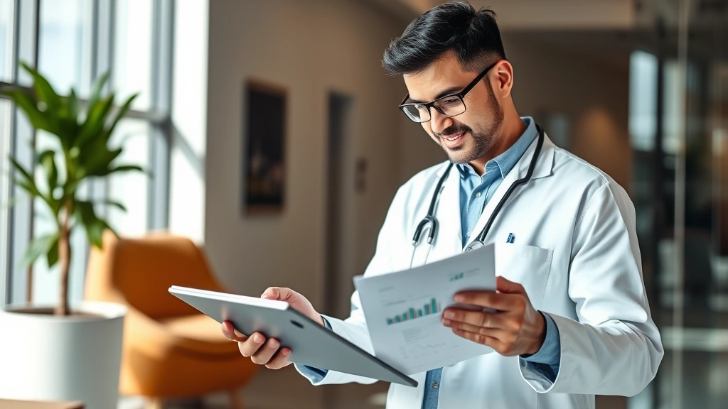 Professional healthcare worker in modern clinic reviewing financial documents and investment portfolio on tablet, natural lighting, confident expression, contemporary office setting