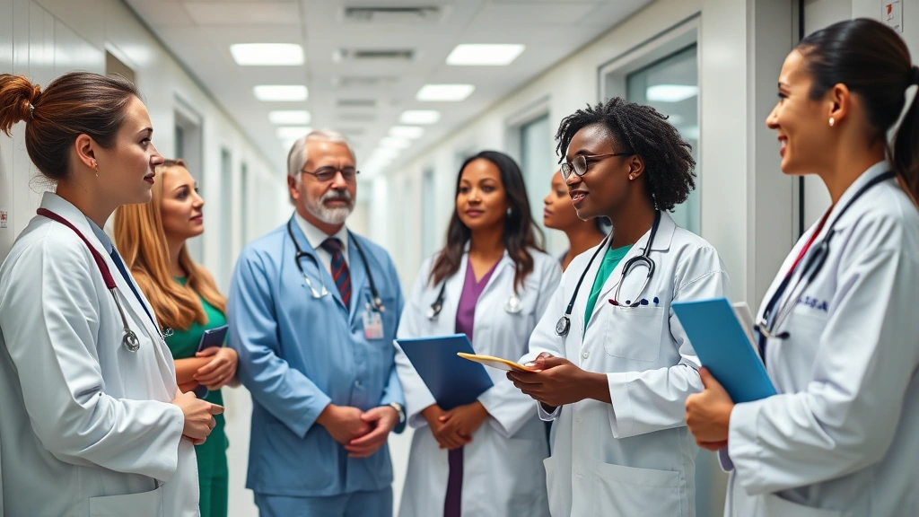 Diverse group of medical professionals in hospital corridor discussing career advancement and wealth building strategies, collaborative atmosphere, modern healthcare facility background