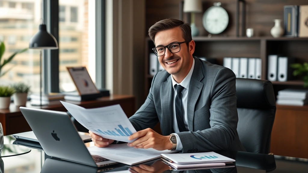 Successful healthcare executive reviewing long-term financial plans and retirement strategies at professional desk with charts and documents, sophisticated office environment, optimistic demeanor