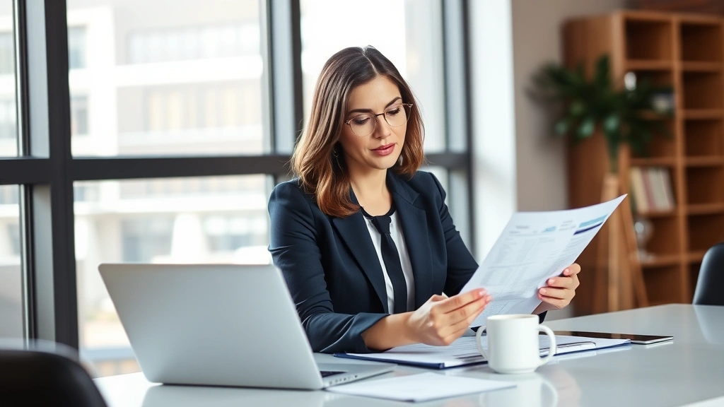 Professional woman in business attire reviewing financial documents at modern desk with laptop and coffee, natural office lighting, confident expression, wealth management concept