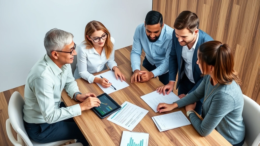 Diverse group of people in casual professional clothing discussing investment portfolio around wooden table with tablet and documents, collaborative financial planning atmosphere
