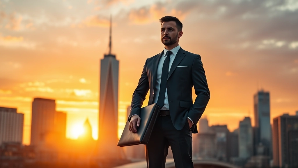 Businessman in suit standing confidently in front of city skyline at sunset, holding briefcase, representing financial success and wealth achievement, golden hour lighting