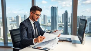 Successful businessman in professional attire reviewing financial documents and real estate property listings at a modern Miami office desk overlooking the city skyline