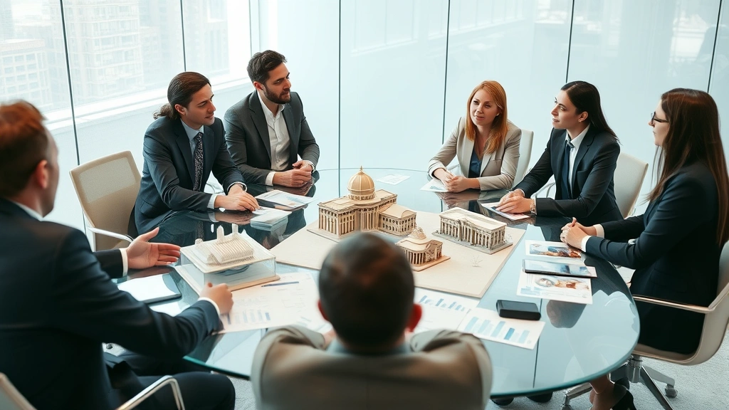 Diverse group of investors and business professionals in business casual clothing having a strategic discussion around a glass conference table with architectural models and financial charts