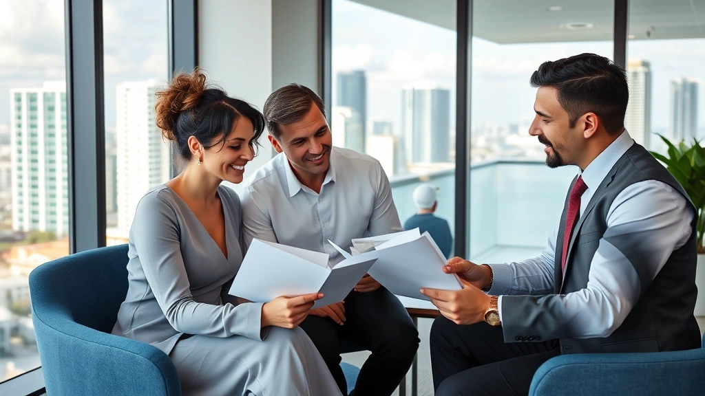 Affluent couple reviewing investment portfolio and property documents with a professional financial advisor in a contemporary wealth management office with Miami city views