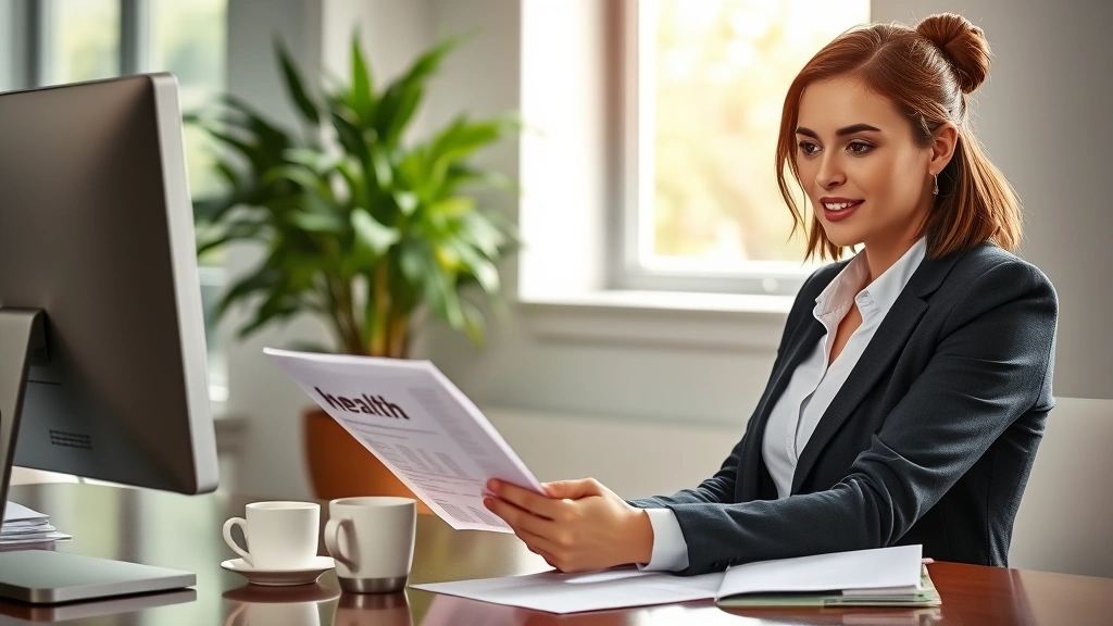 Professional woman in business casual attire reviewing health documents at a modern office desk with computer, coffee cup, and wellness materials visible, natural lighting from window, confident focused expression