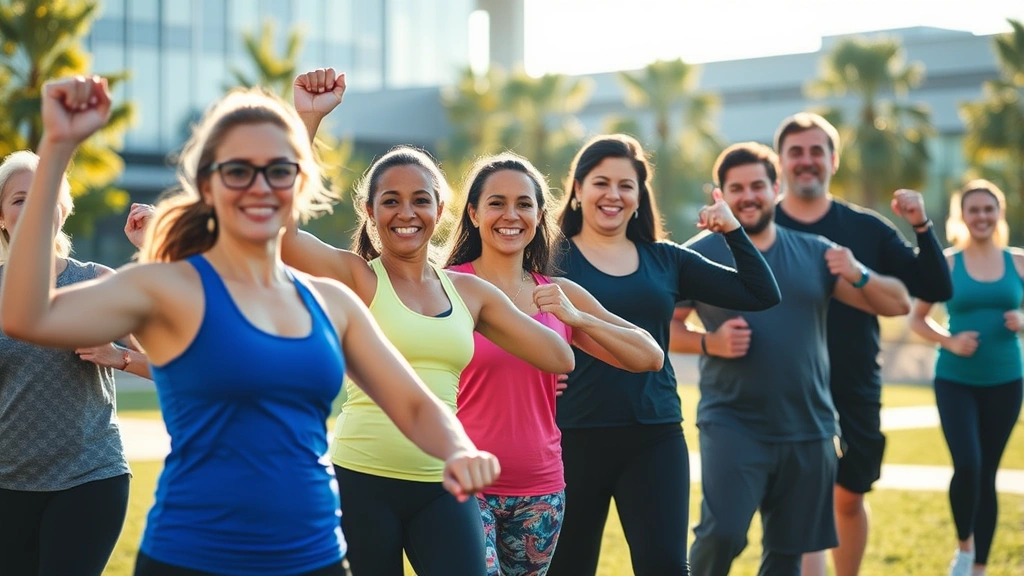 Diverse group of employees participating in outdoor fitness class or wellness activity at corporate campus, morning sunlight, athletic wear, smiling faces showing engagement and community