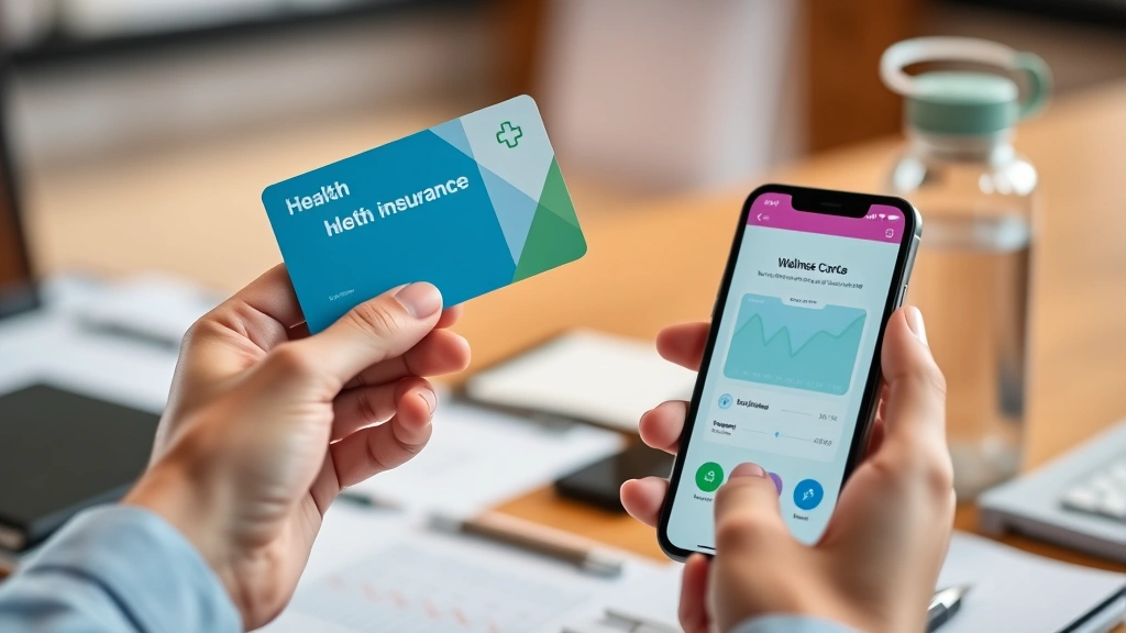Close-up of hands holding health insurance card and mobile phone displaying wellness app or health portal, desk with wellness tracker and water bottle, professional office environment, warm lighting