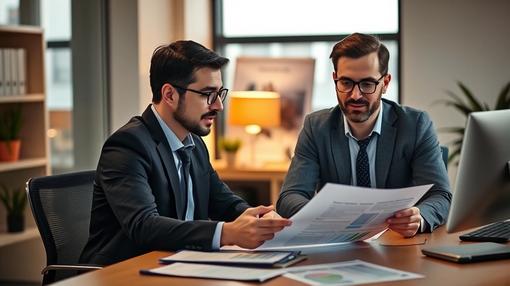 Professional financial advisor reviewing savings goals with client at modern desk, warm lighting, charts and documents visible, focused and confident expressions, contemporary office environment