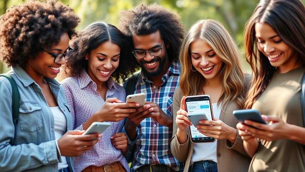 Diverse group of people checking mobile banking apps showing savings account balances and automated transfers, natural lighting, genuine smiles, modern smartphones, financial dashboard visible