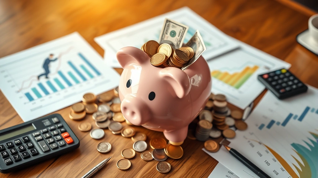 Piggy bank overflowing with coins and bills surrounded by growth charts, calculators, and financial planning documents on wooden desk, warm professional lighting, wealth accumulation concept