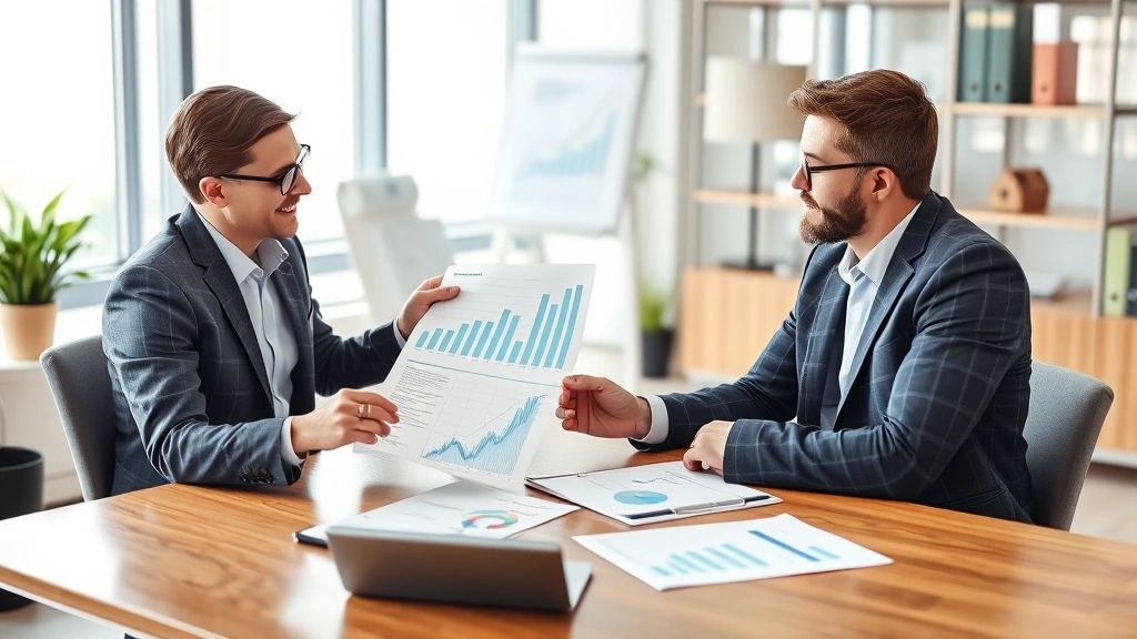 Professional financial advisor reviewing savings documents with client in modern office, showing growth charts and financial planning materials on desk