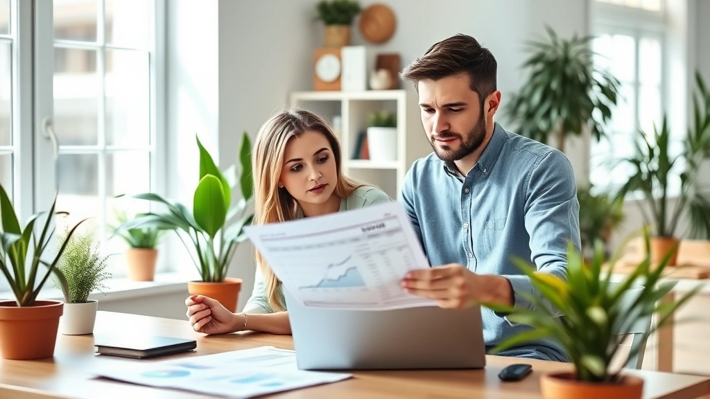 Young professional couple reviewing budget spreadsheet on laptop in bright home office with plants and natural light, discussing savings goals