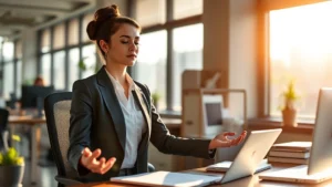 Professional woman in business attire meditating peacefully at desk during workday, morning sunlight through office windows, serene expression, wellness at work environment