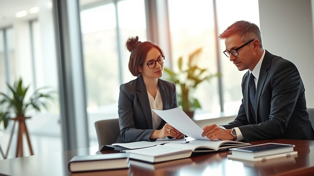 Professional legal consultation meeting in modern office with lawyers reviewing healthcare compliance documents and regulatory frameworks on desk, soft natural lighting, serious professional atmosphere