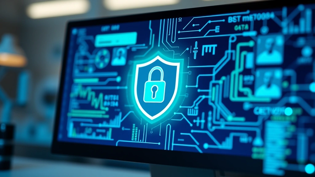 Digital healthcare security concept showing encrypted data protection, cybersecurity shield protecting patient medical records on computer screen, modern tech aesthetic with blue and green tones