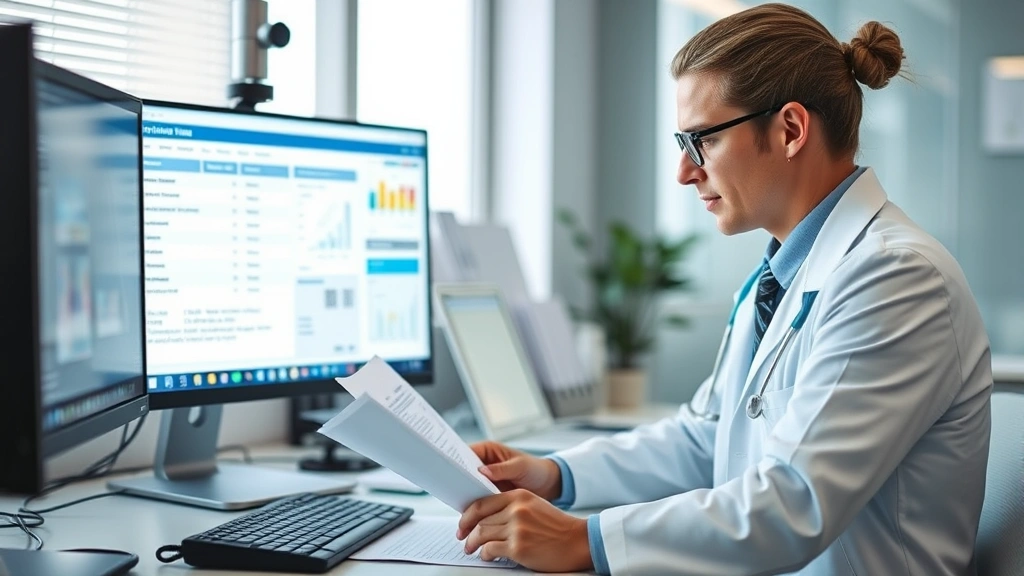 Healthcare professional reviewing credentials and qualifications documentation at desk with computer showing verification systems, professional medical office environment, focused concentration