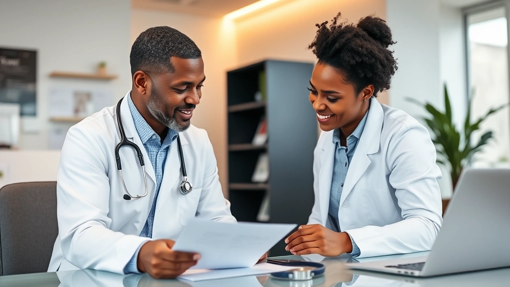 Professional healthcare consultation between diverse patient and doctor in modern medical office, warm lighting, both reviewing health documents, stethoscope visible on desk, confident and supportive atmosphere