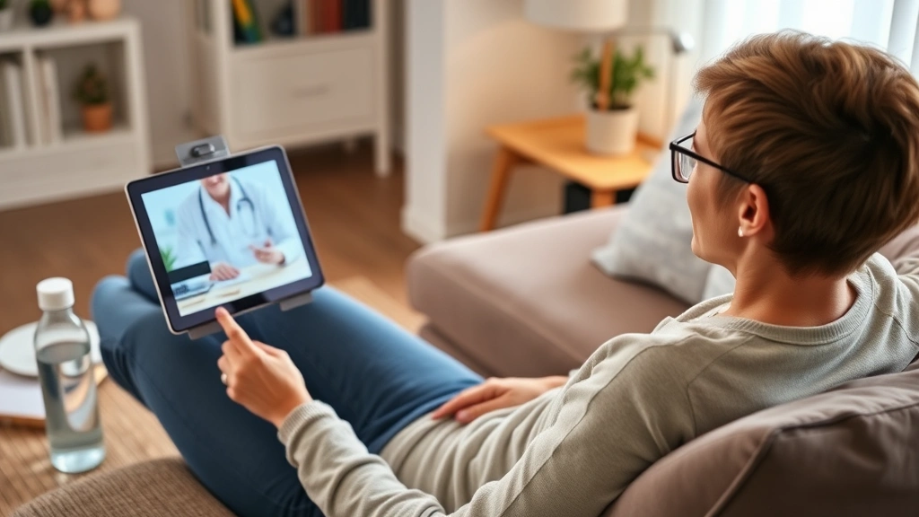 Calm person at home using tablet for telehealth appointment with healthcare provider visible on screen, comfortable living room setting, wellness items like water bottle and notebook nearby, peaceful and organized