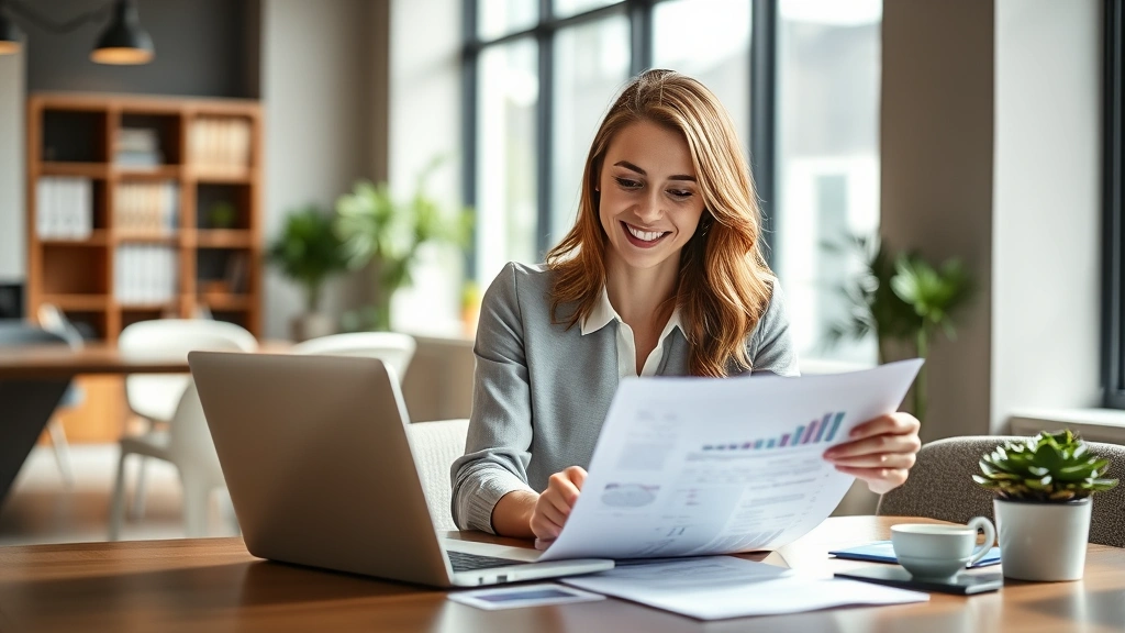 Professional woman reviewing investment portfolio on laptop in modern office with financial documents, natural lighting, confident expression, wealth accumulation concept