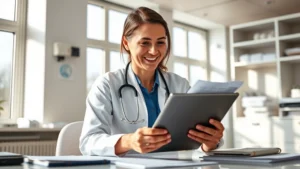 Professional healthcare worker in modern clinic reviewing financial documents on tablet, natural lighting from windows, confident expression, organized desk with minimal clutter