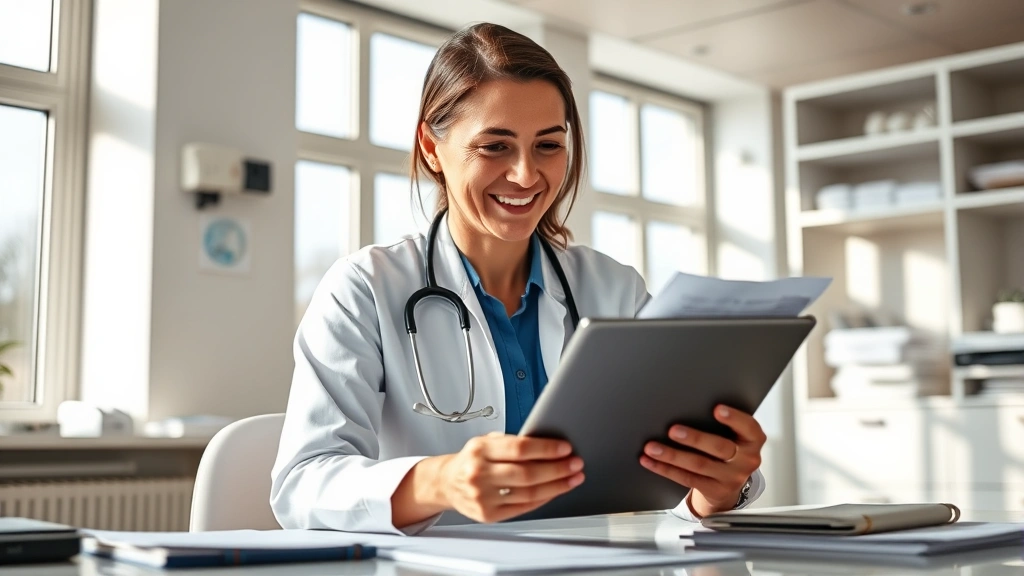 Professional healthcare worker in modern clinic reviewing financial documents on tablet, natural lighting from windows, confident expression, organized desk with minimal clutter