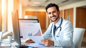 Professional healthcare worker in modern hospital setting reviewing financial documents at desk with computer showing investment portfolio charts and growth graphs, natural lighting, confident expression, warm professional atmosphere