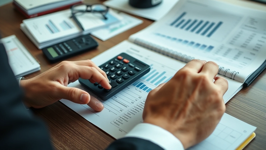 Close-up of hands reviewing financial documents and investment statements at desk, calculator visible, notebook with wealth planning notes, organized workspace with minimal clutter, professional setting