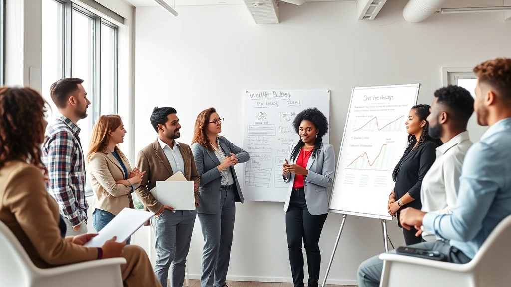 Diverse group of professionals in business casual attire having collaborative meeting in modern office space with whiteboards showing financial planning, wealth building concepts, natural window lighting, inclusive diverse team
