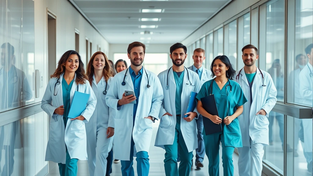 Diverse group of healthcare professionals in modern hospital corridor walking together, collaborative environment, natural architectural lighting, representing teamwork and career advancement in medical field