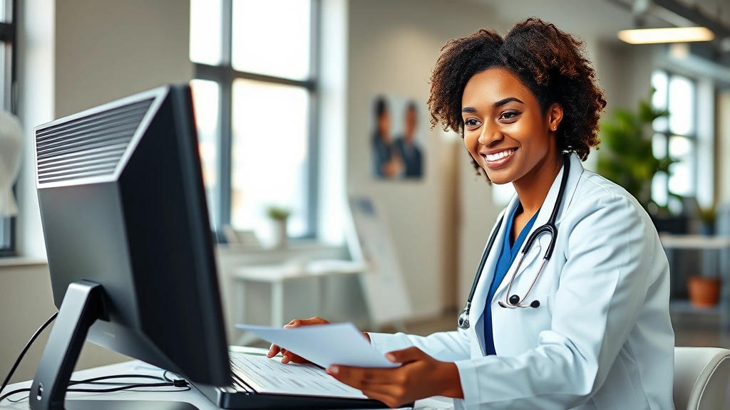 Professional healthcare worker in modern clinic setting reviewing patient charts and medical records on computer, natural lighting through windows, modern medical facility interior, confident expression, diverse representation